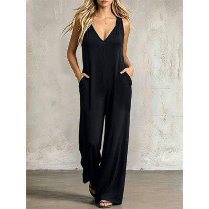 Uanstrengt sommerjumpsuit med V-hals for damer