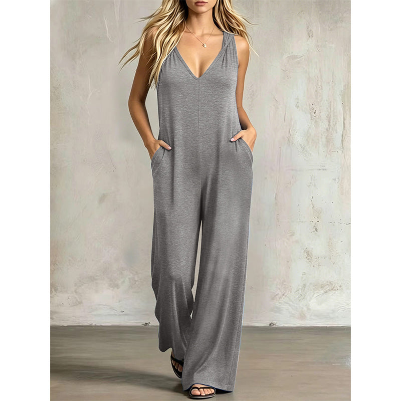Uanstrengt sommerjumpsuit med V-hals for damer