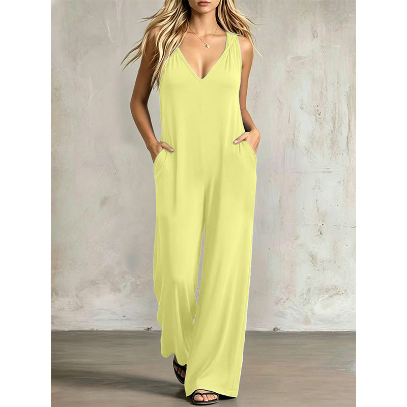 Uanstrengt sommerjumpsuit med V-hals for damer