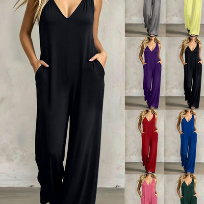 Uanstrengt sommerjumpsuit med V-hals for damer
