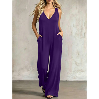 Uanstrengt sommerjumpsuit med V-hals for damer