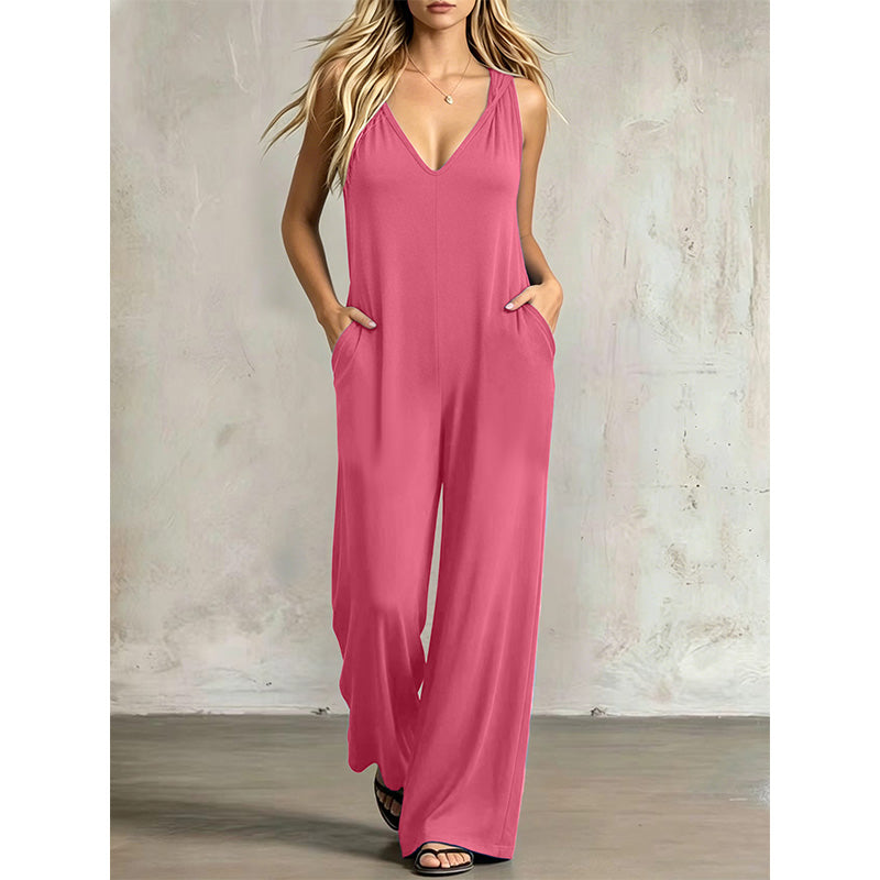 Uanstrengt sommerjumpsuit med V-hals for damer