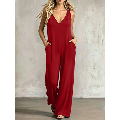 Uanstrengt sommerjumpsuit med V-hals for damer