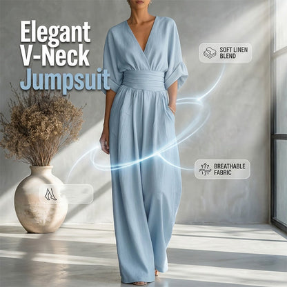 👗✨Uanstrengt eleganse – Jumpsuit for damer med V-hals, høy midje og vid ben💫