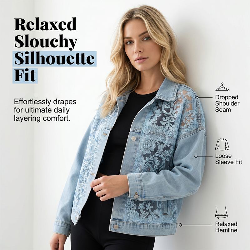 Løs blomstret denimjakke med blonder og lappeteppe for damer