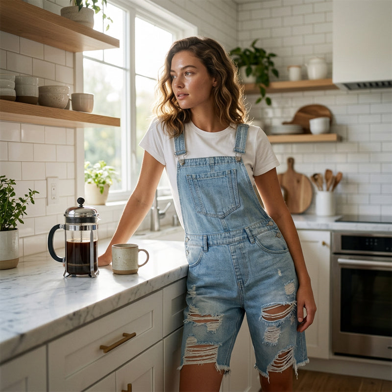 📢📢50 % RABATT !! ⏰Distressed denim-overallshorts for damer