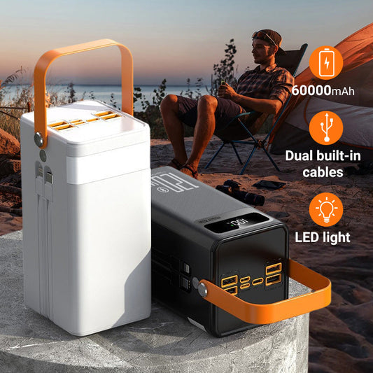 🔋 Powerbank med høy kapasitet på 60 000 mAh og LED-lys
