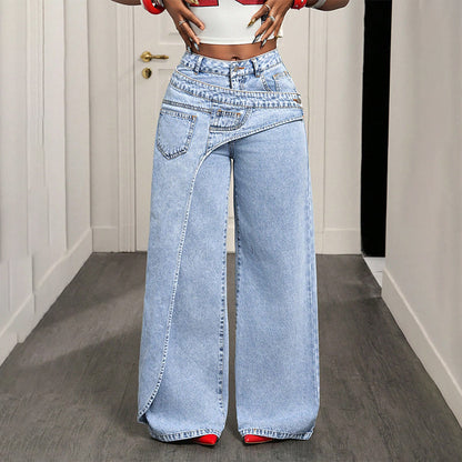 ⏳Tidsbegrenset tilbud⏰Asymmetriske jeans med vid benåpning for damer – Unikt design i midjen, avslappet passform og allsidig – Perfekt for stilig hverdagsstil og uformelle utflukter 🌿