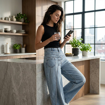 ⏳Tidsbegrenset tilbud⏰Asymmetriske jeans med vid benåpning for damer – Unikt design i midjen, avslappet passform og allsidig – Perfekt for stilig hverdagsstil og uformelle utflukter 🌿