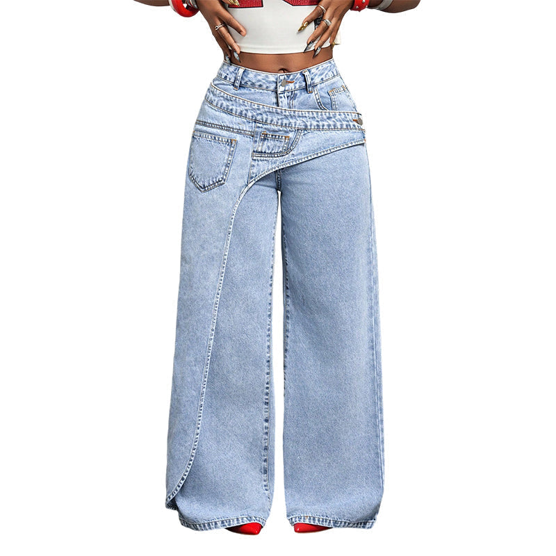 ⏳Tidsbegrenset tilbud⏰Asymmetriske jeans med vid benåpning for damer – Unikt design i midjen, avslappet passform og allsidig – Perfekt for stilig hverdagsstil og uformelle utflukter 🌿