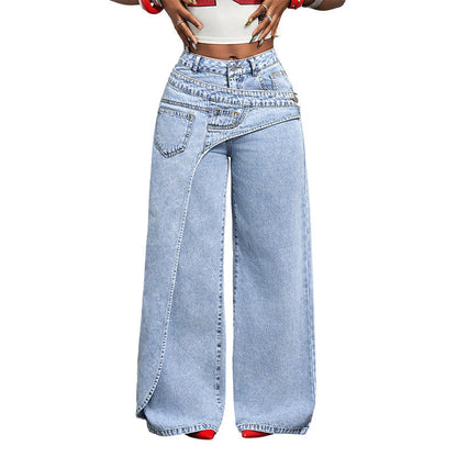 ⏳Tidsbegrenset tilbud⏰Asymmetriske jeans med vid benåpning for damer – Unikt design i midjen, avslappet passform og allsidig – Perfekt for stilig hverdagsstil og uformelle utflukter 🌿