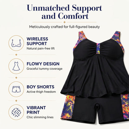 Badedrakt med flagrende tankini-topp og shorts til dame