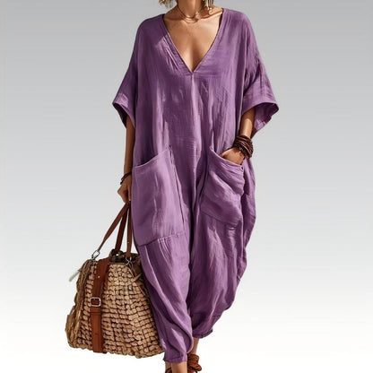Løs sommerjumpsuit med V-hals for kvinner