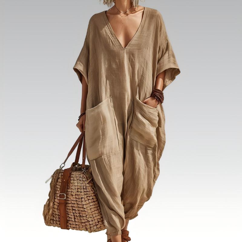 Løs sommerjumpsuit med V-hals for kvinner