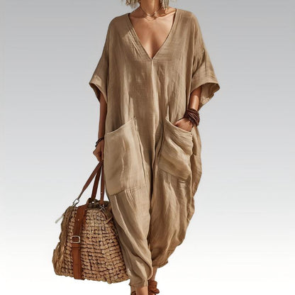 Løs sommerjumpsuit med V-hals for kvinner