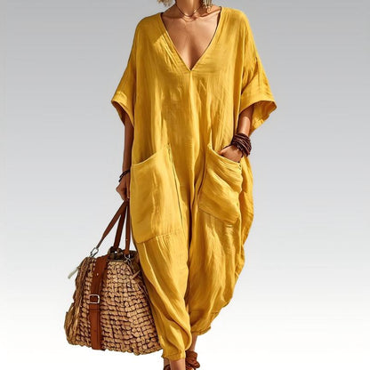 Løs sommerjumpsuit med V-hals for kvinner