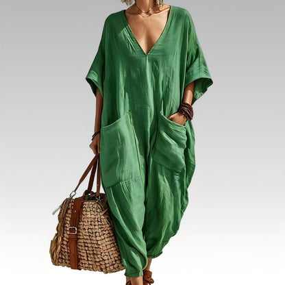 Løs sommerjumpsuit med V-hals for kvinner