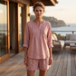 Langermet bluse med plissert Henley-hals for damer
