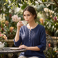 Langermet bluse med plissert Henley-hals for damer