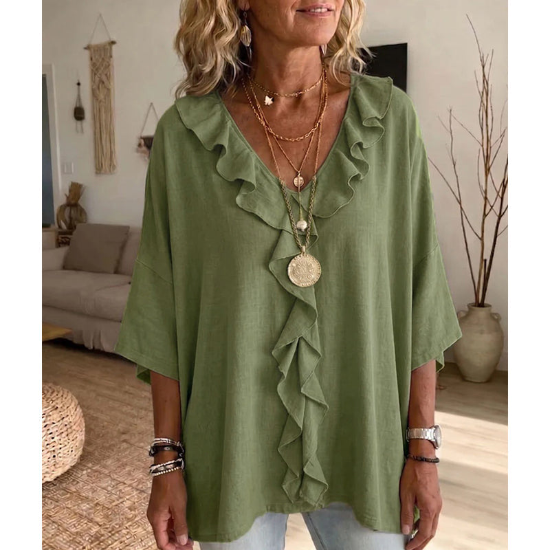 ⌛Tidsbegrenset tilbud – Uformell damebluse med V-hals og volangkant