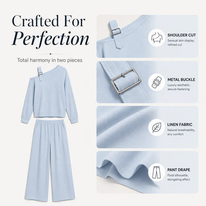 ✨Nyheter og spesialtilbud – Elegant sett med en-skulder-top og bukser med vide ben for damer