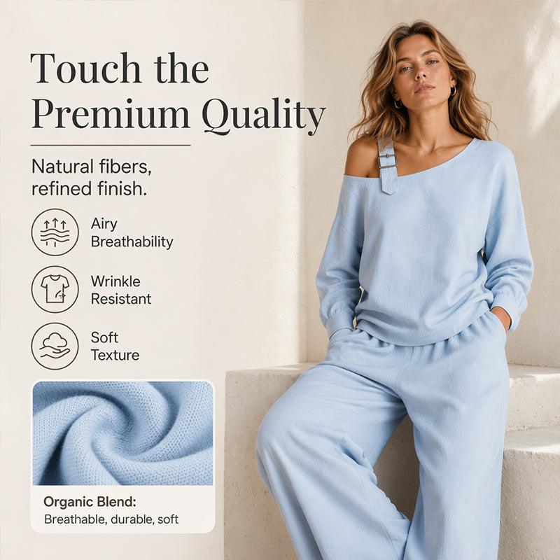 ✨Nyheter og spesialtilbud – Elegant sett med en-skulder-top og bukser med vide ben for damer