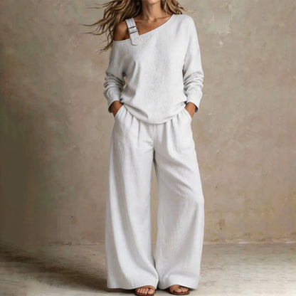 ✨Nyheter og spesialtilbud – Elegant sett med en-skulder-top og bukser med vide ben for damer