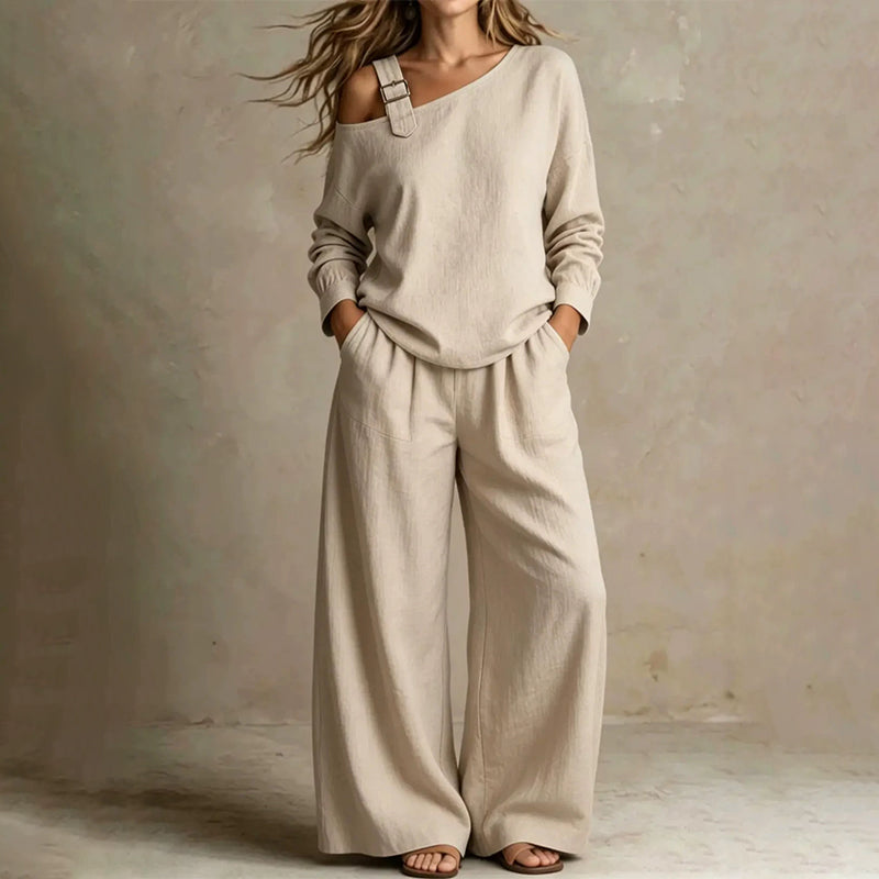 ✨Nyheter og spesialtilbud – Elegant sett med en-skulder-top og bukser med vide ben for damer