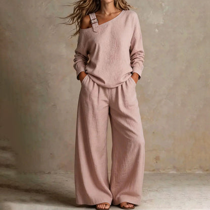✨Nyheter og spesialtilbud – Elegant sett med en-skulder-top og bukser med vide ben for damer
