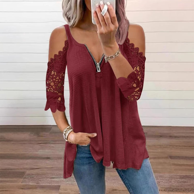 Et must-have🔥 Bluse med blonder og åpne skuldre og glidelås – Dristige detaljer og pustende stoff for en uanstrengt stil ✨