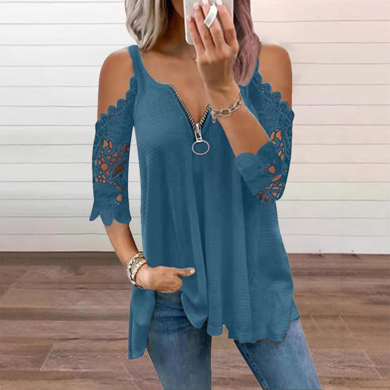 Et must-have🔥 Bluse med blonder og åpne skuldre og glidelås – Dristige detaljer og pustende stoff for en uanstrengt stil ✨