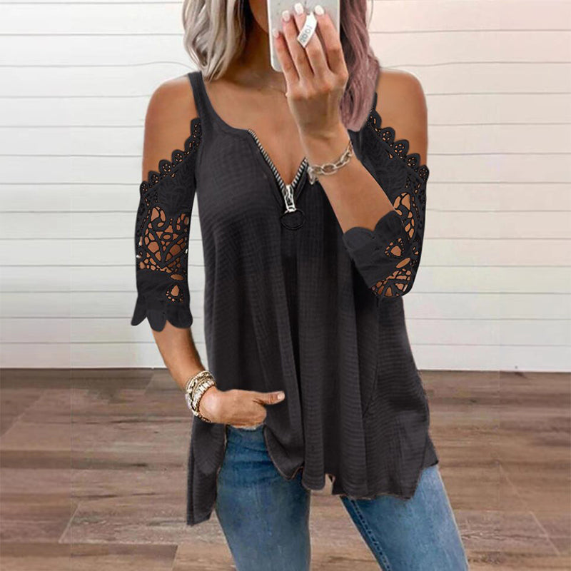Et must-have🔥 Bluse med blonder og åpne skuldre og glidelås – Dristige detaljer og pustende stoff for en uanstrengt stil ✨
