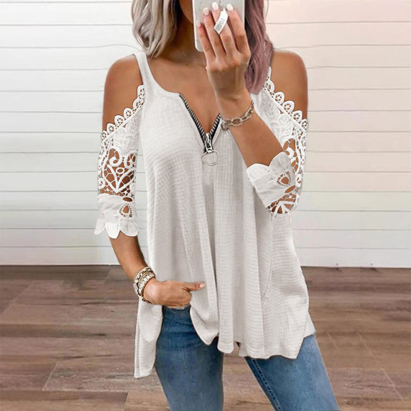 Et must-have🔥 Bluse med blonder og åpne skuldre og glidelås – Dristige detaljer og pustende stoff for en uanstrengt stil ✨