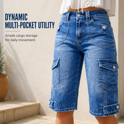 Knelange cargoshorts i denim for damer, med lommer