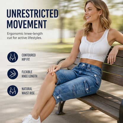 Knelange cargoshorts i denim for damer, med lommer