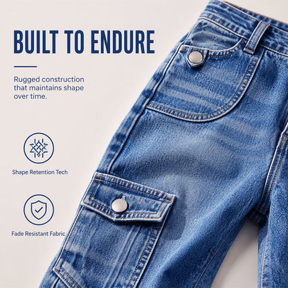Knelange cargoshorts i denim for damer, med lommer