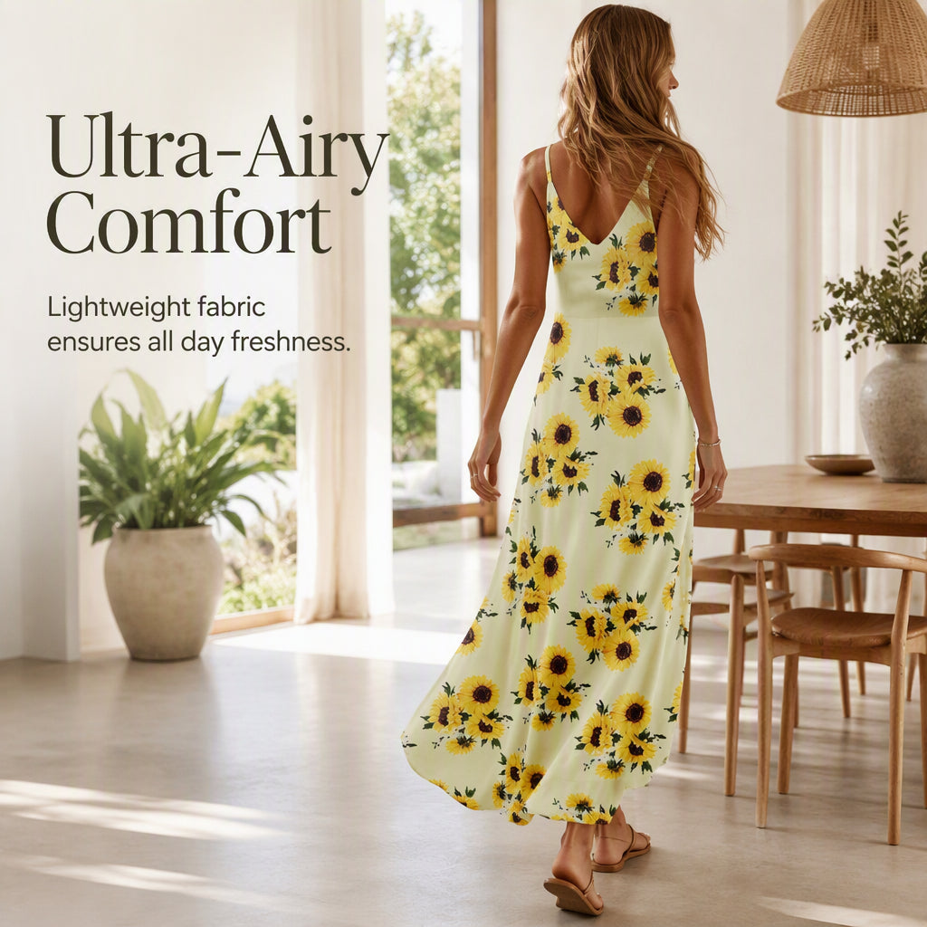 🌻 Maxi-kjole med V-hals og solsikkemønster for damer – Lett, luftig og perfekt for solfylte dager ✨