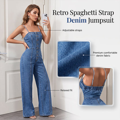 🎉 2026 SALG — Over 34 000 solgt! 👖 Denim-kjeledress med spaghetti-stropper og brede ben – høy midje, forlenger silhuetten umiddelbart! ✨
