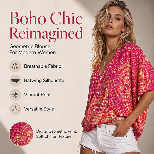 Populært akkurat nå⭐👚 Top med boho-mønster og flagermusermmer – flytende V-hals og uanstrengt bohemstil