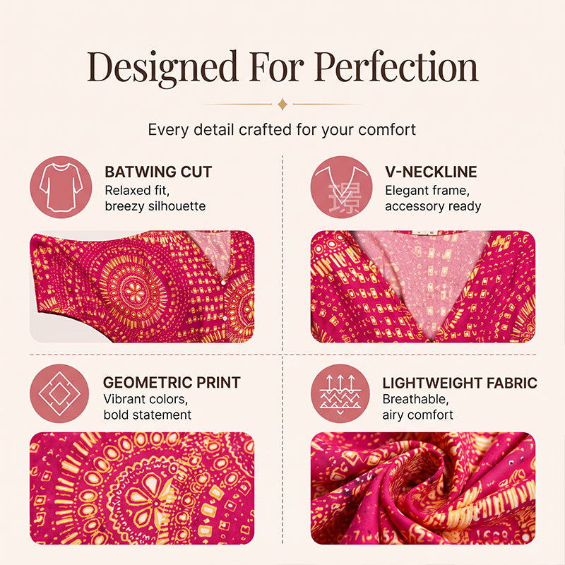 Populært akkurat nå⭐👚 Top med boho-mønster og flagermusermmer – flytende V-hals og uanstrengt bohemstil