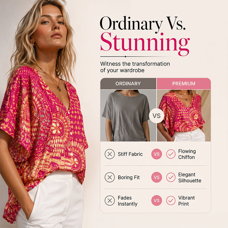 Populært akkurat nå⭐👚 Top med boho-mønster og flagermusermmer – flytende V-hals og uanstrengt bohemstil