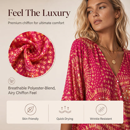 Populært akkurat nå⭐👚 Top med boho-mønster og flagermusermmer – flytende V-hals og uanstrengt bohemstil