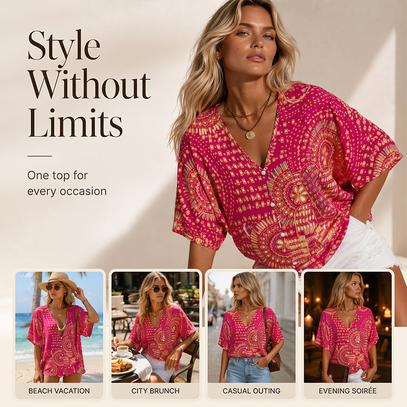 Populært akkurat nå⭐👚 Top med boho-mønster og flagermusermmer – flytende V-hals og uanstrengt bohemstil