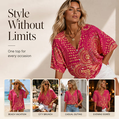 Populært akkurat nå⭐👚 Top med boho-mønster og flagermusermmer – flytende V-hals og uanstrengt bohemstil