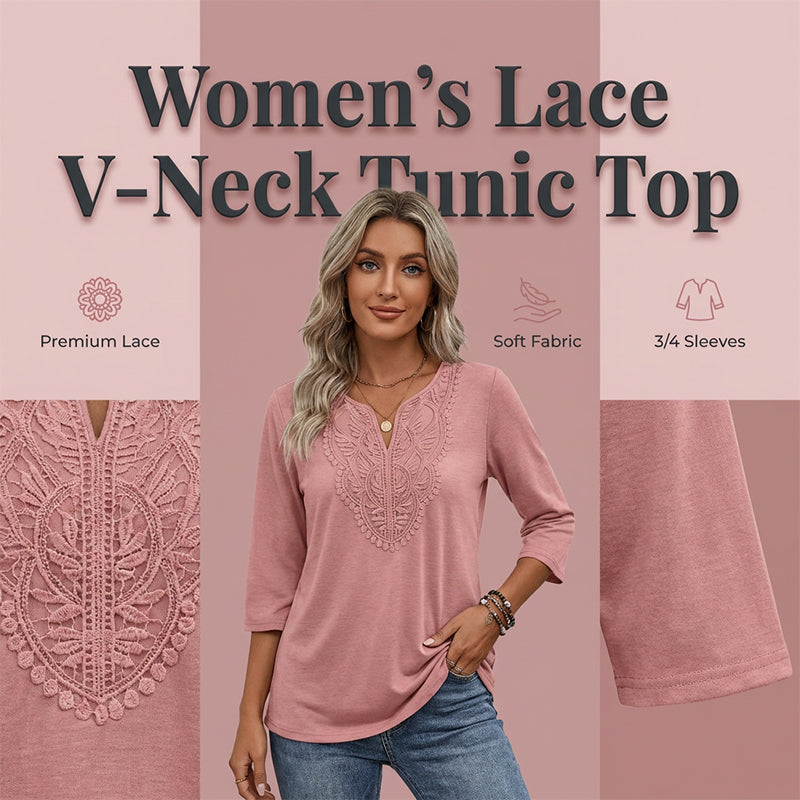 Tunika for damer med V-hals, blonderkant og 3/4-ermer
