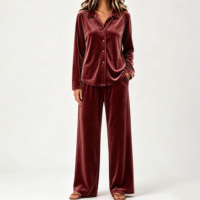 2-delers avslappet velour-hjemmesett for kvinner