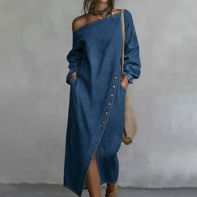Denimkjole med bare skuldre for damer