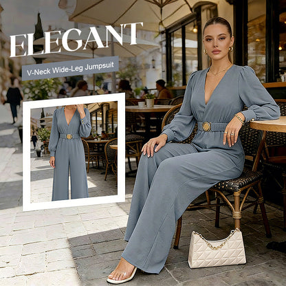 Elegant jumpsuit med V-hals og vide ben, med belte