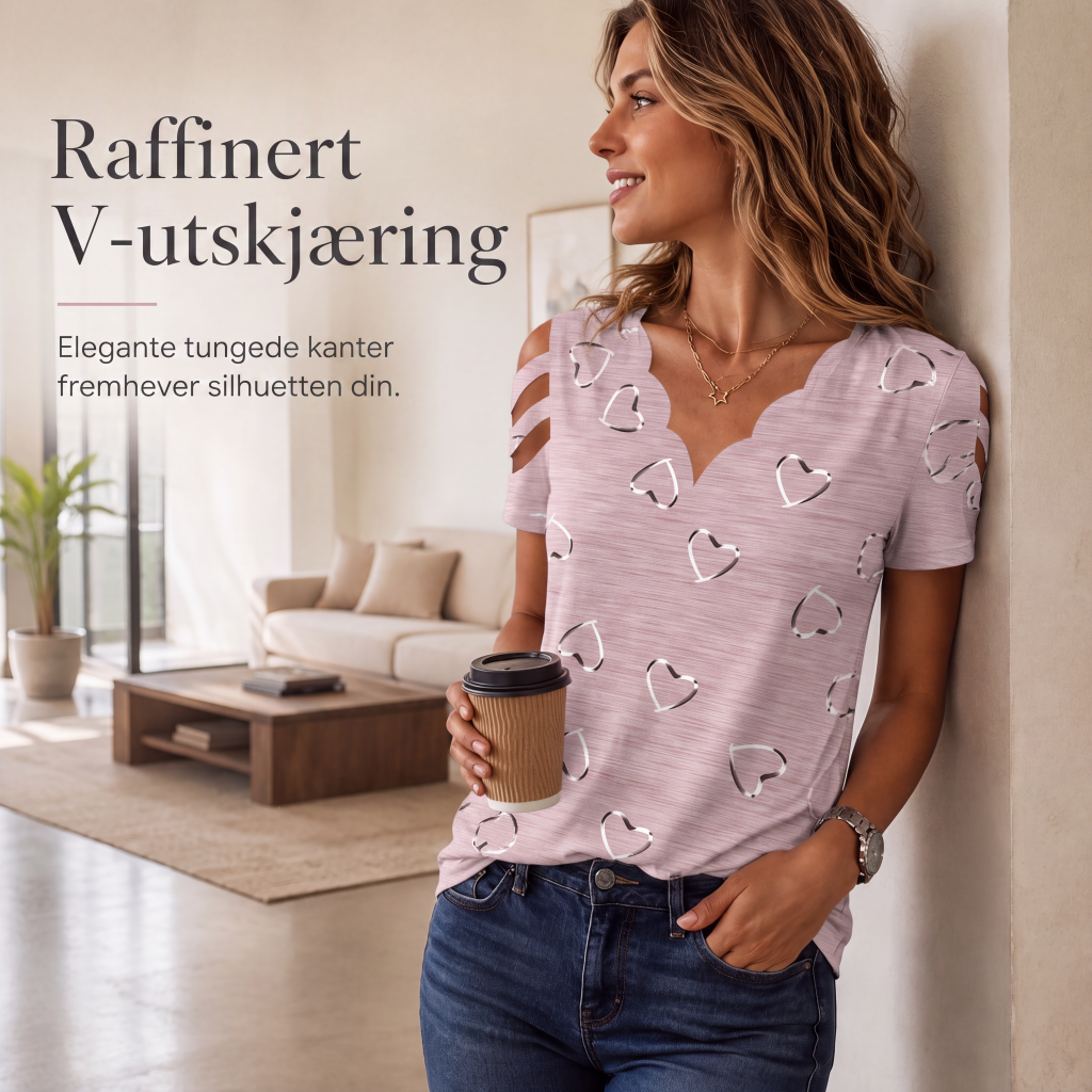 T-skjorte for kvinner med bølget V-hals og hjerteprint