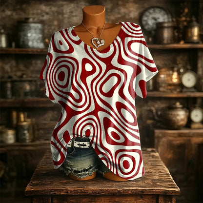 👚Nye varer – Top med V-hals i kjølig stoff med kunstnerisk trykk – Rynkebestandig og myk å ta på, perfekt til bruk hele dagen